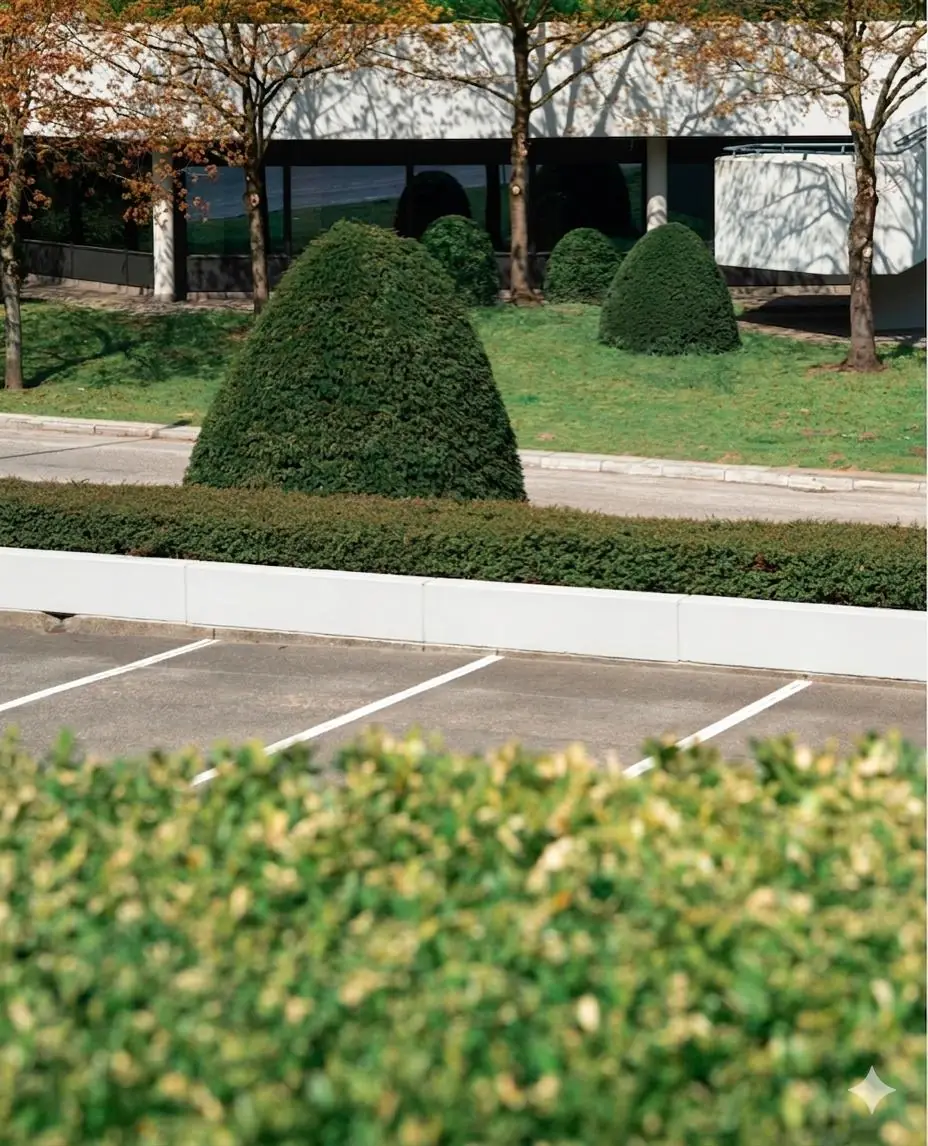 Blick auf Hecken und Parkplatz. Gepflegtes Grün und Firma im Hintergrund.